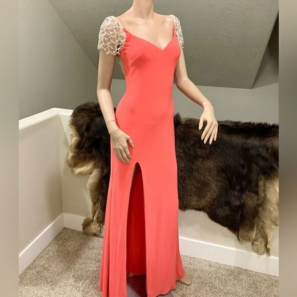Elegant Crystal Detail Cap Sleeve Jersey Sheath Evening Dress & Sheer Back - Picture 3 of 13